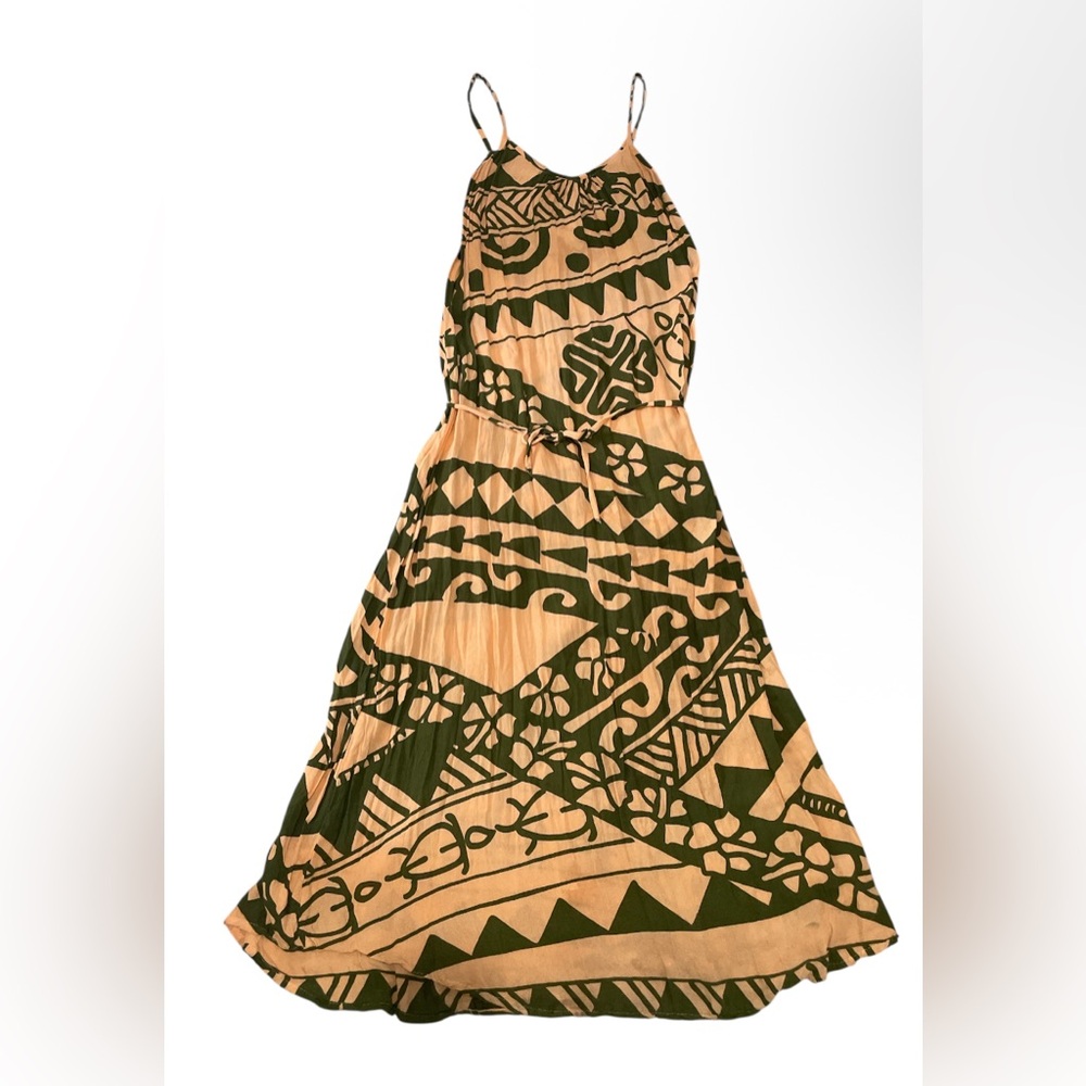 Aloha Royale Peach & Olive Patterned Strapless Maxi Dress